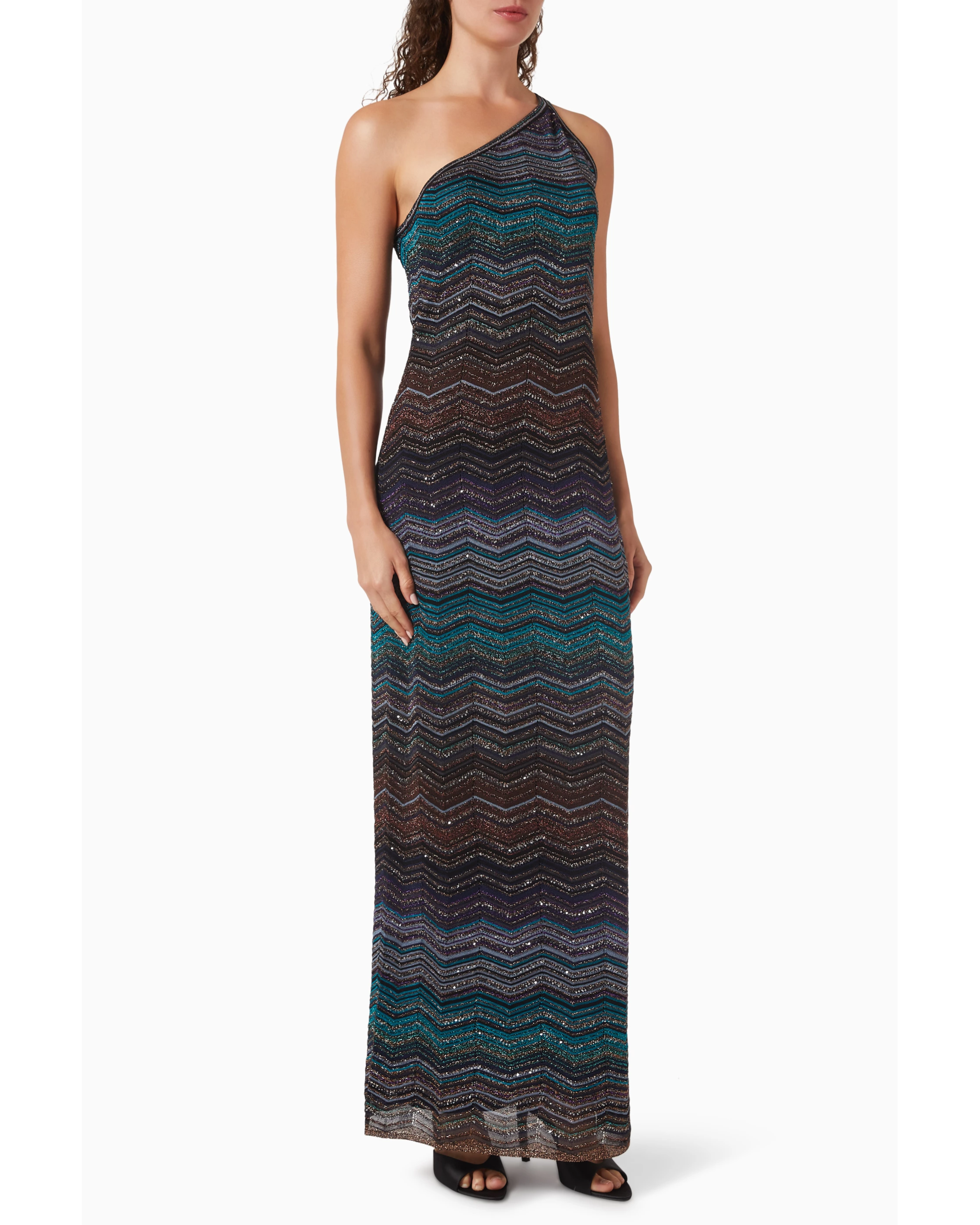 Embellished one-shoulder maxi dress with chevron pattern in teal and multicolor — Missoni | Endless UAE