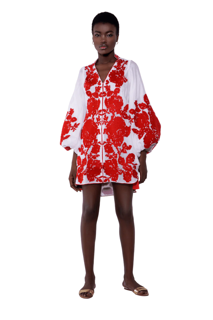 White batiste caftan mini dress with red floral embroidery and balloon sleeves — Yuliya Magdych | Endless UAE