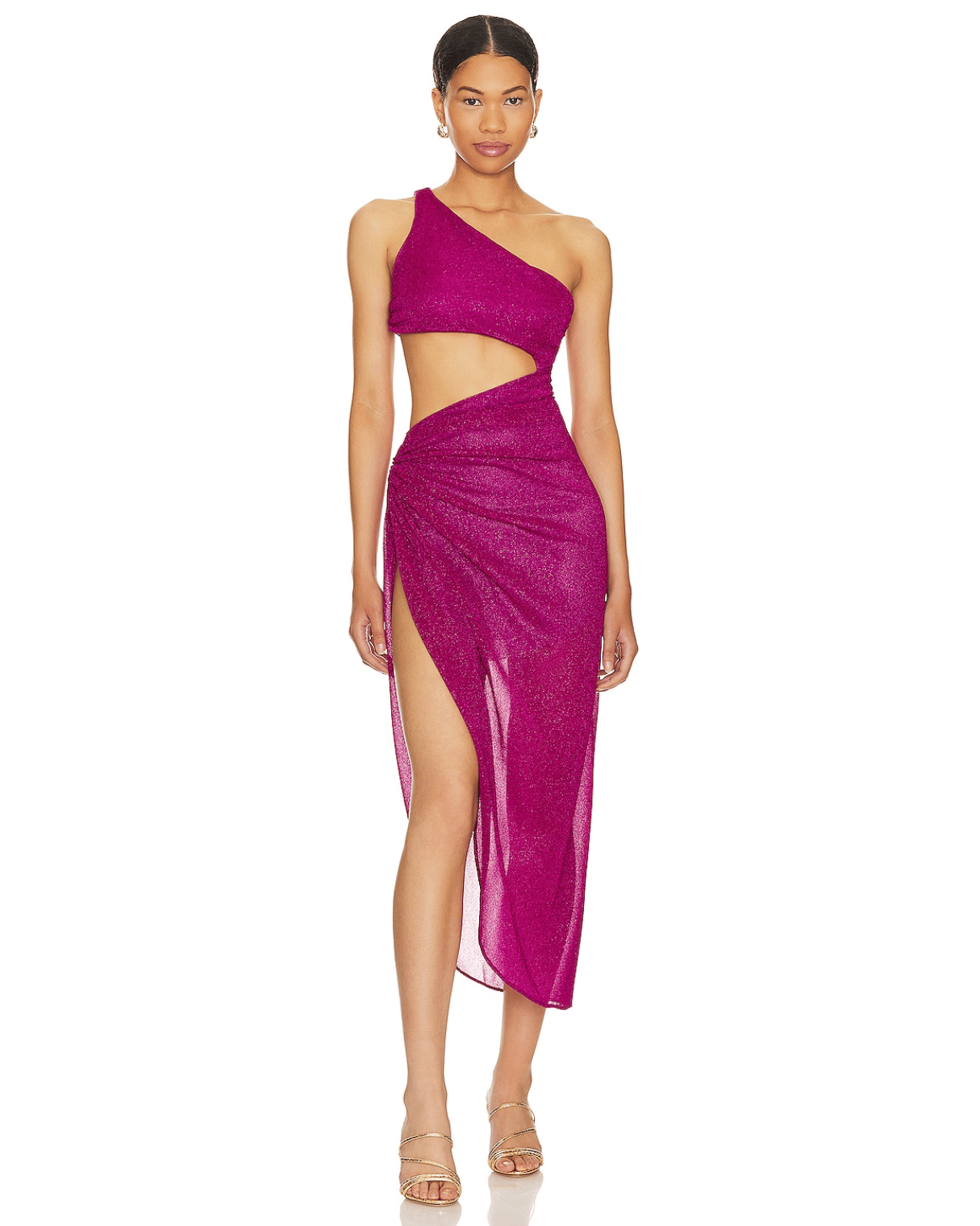 Magenta glitter one-shoulder midi dress with cutout waist and high slit — Baobab | Endless UAE