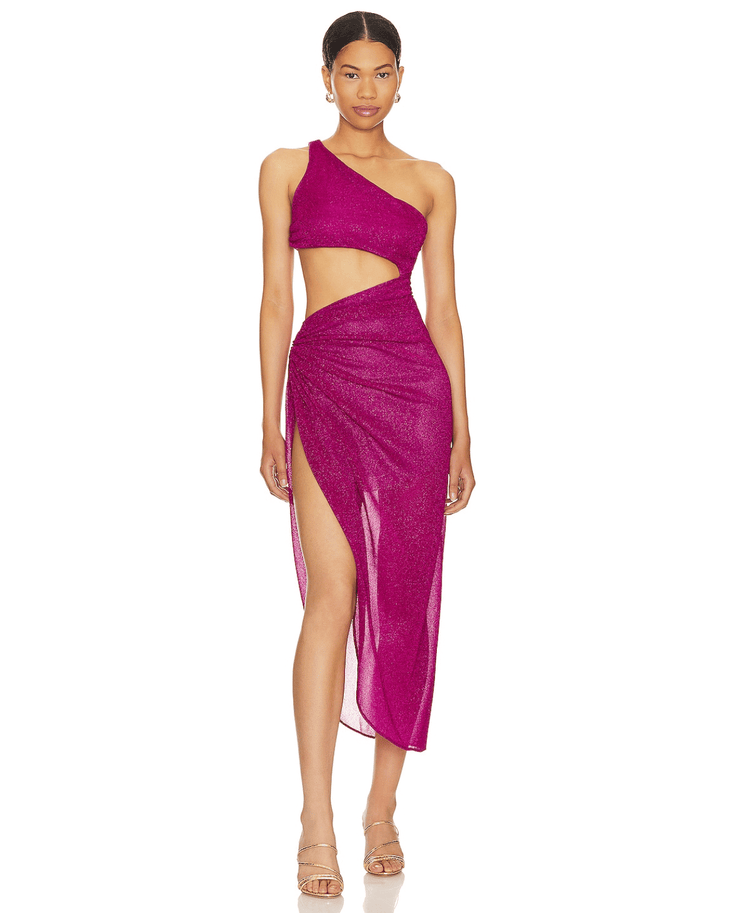 Magenta glitter one-shoulder midi dress with cutout waist and high slit — Baobab | Endless UAE