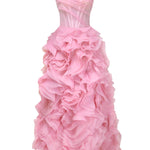 Strapless pink maxi dress with voluminous rose applique ruffles and draped bodice detail — Milla | Endless UAE