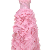 Strapless pink maxi dress with voluminous rose applique ruffles and draped bodice detail — Milla | Endless UAE