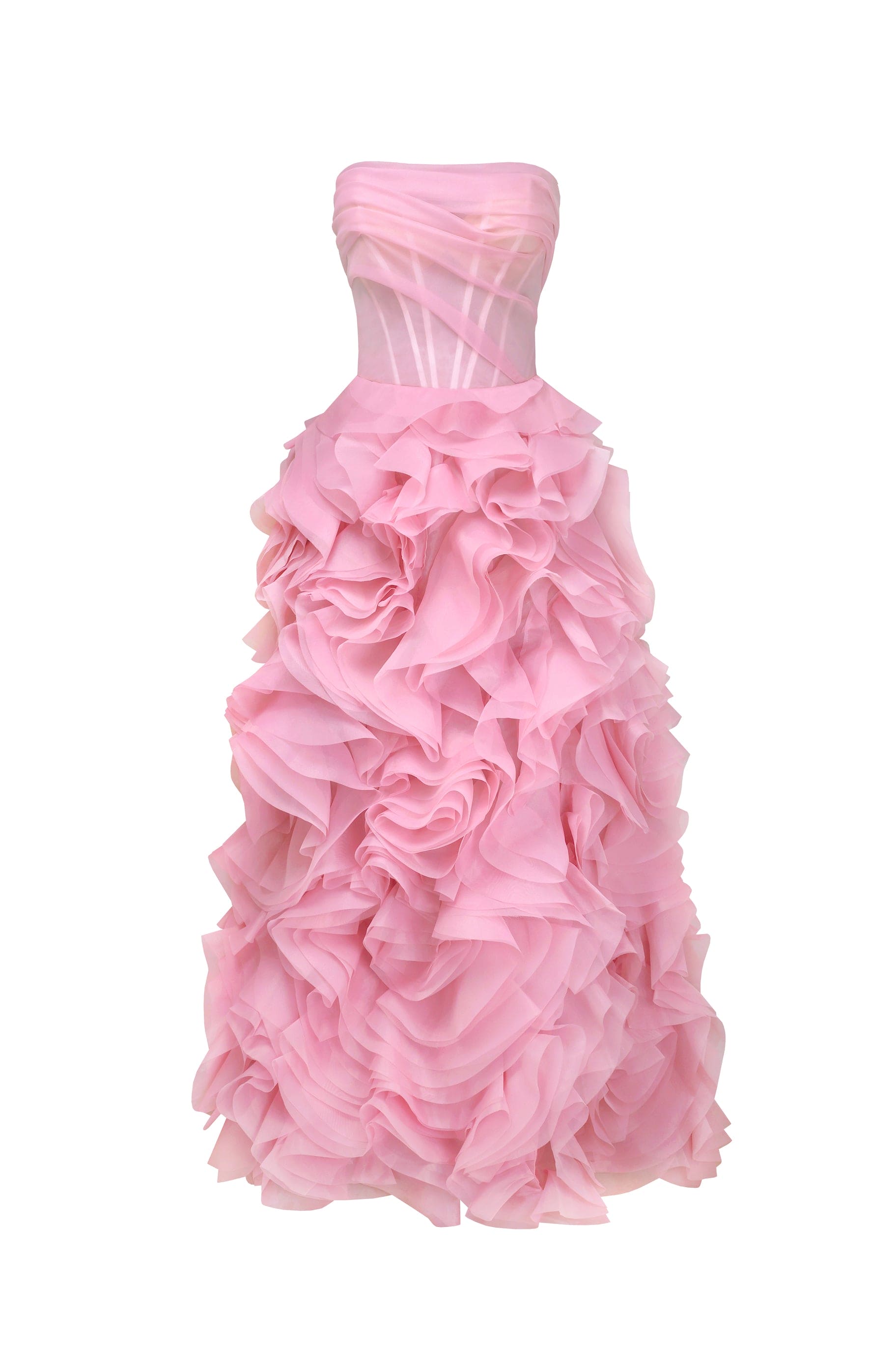 Strapless pink maxi dress with voluminous rose applique ruffles and draped bodice detail — Milla | Endless UAE