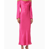 Pink satin jacquard cold-shoulder maxi dress with long sleeves and cowl neckline — Never Fully Dressed | Endless UAE