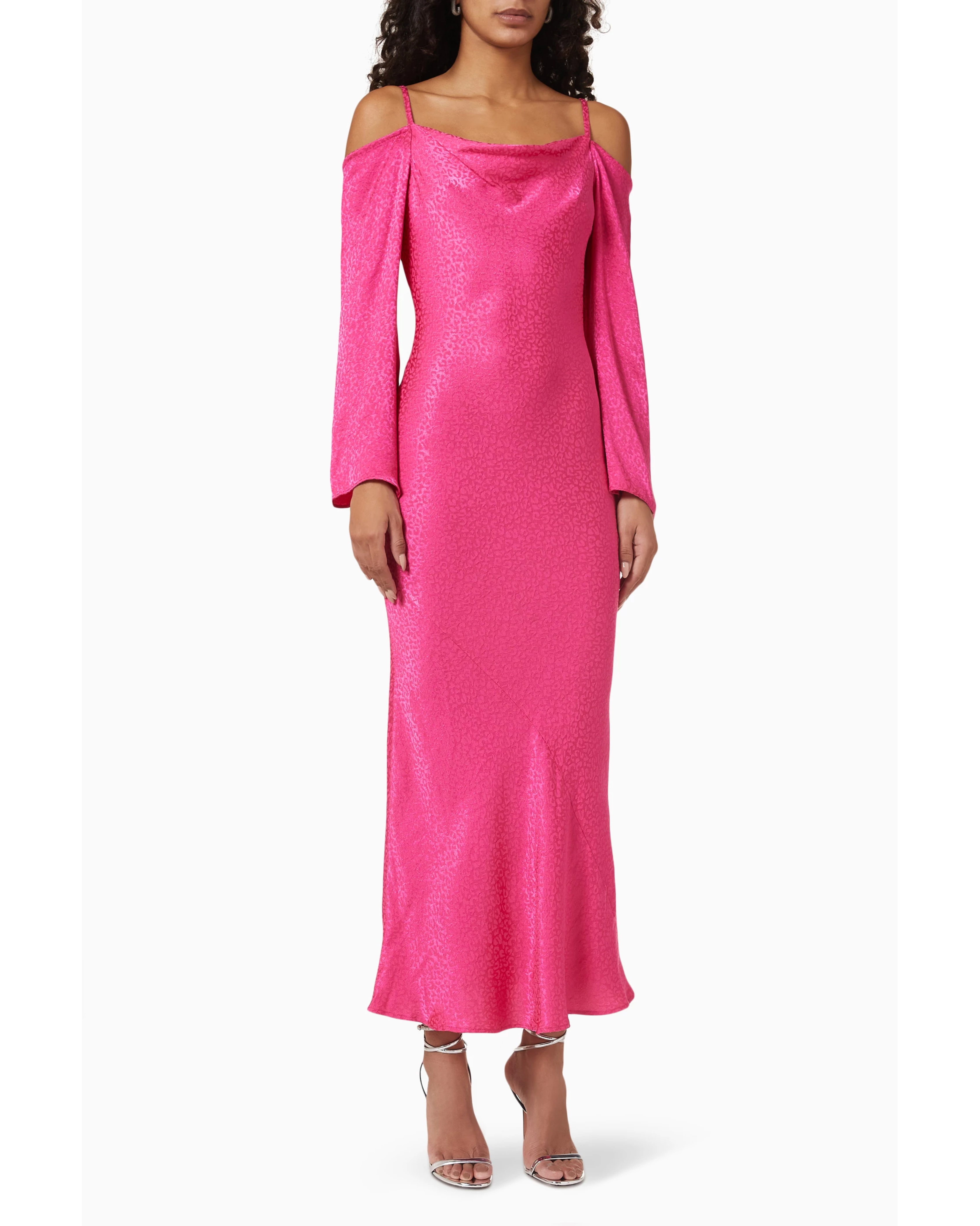 Pink satin jacquard cold-shoulder maxi dress with long sleeves and cowl neckline — Never Fully Dressed | Endless UAE