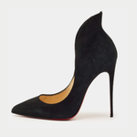 Black suede pointed-toe pumps with cream insoles and tan leather interior — Endless | Endless UAE