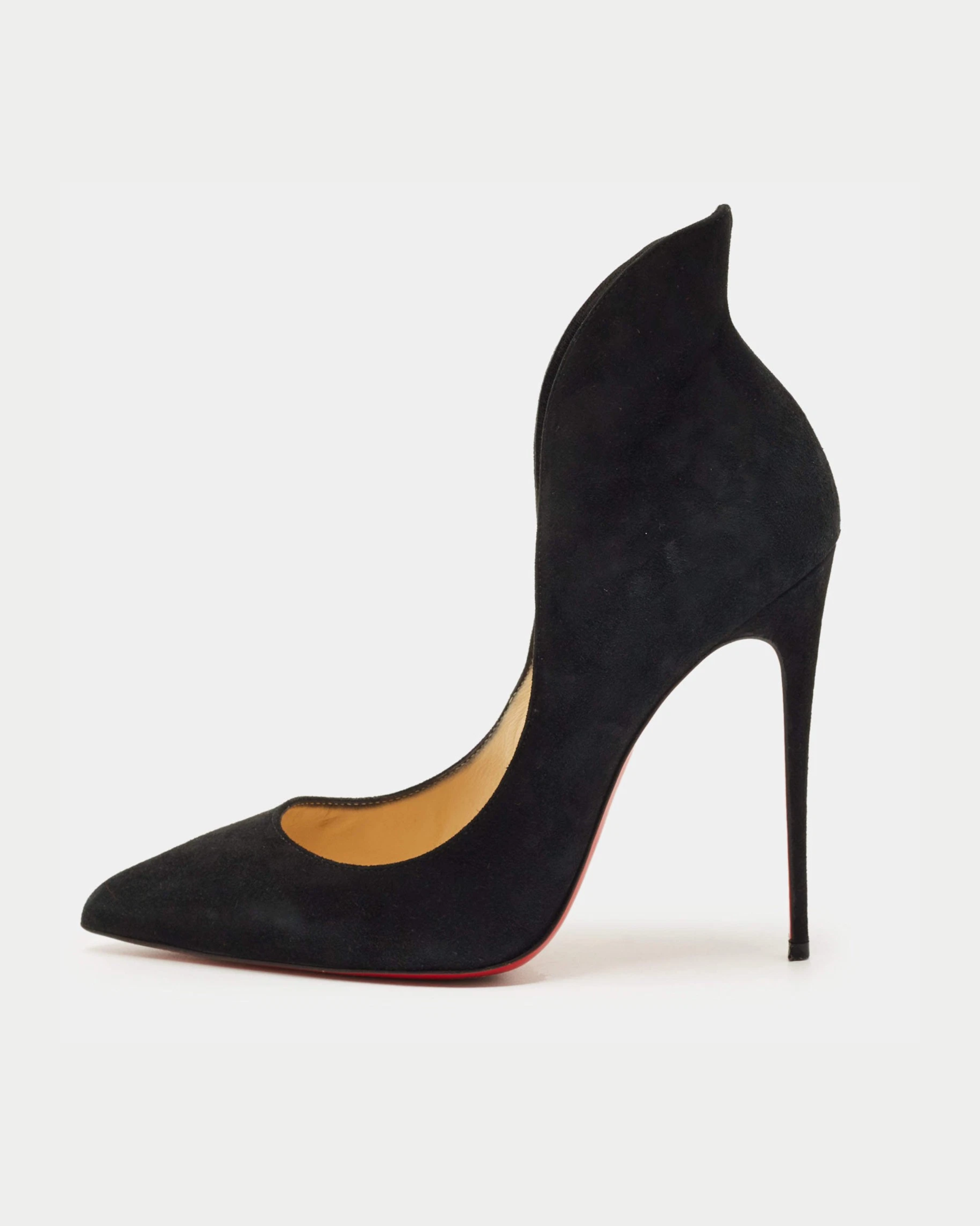 Black suede pointed-toe pumps with cream insoles and tan leather interior — Endless | Endless UAE