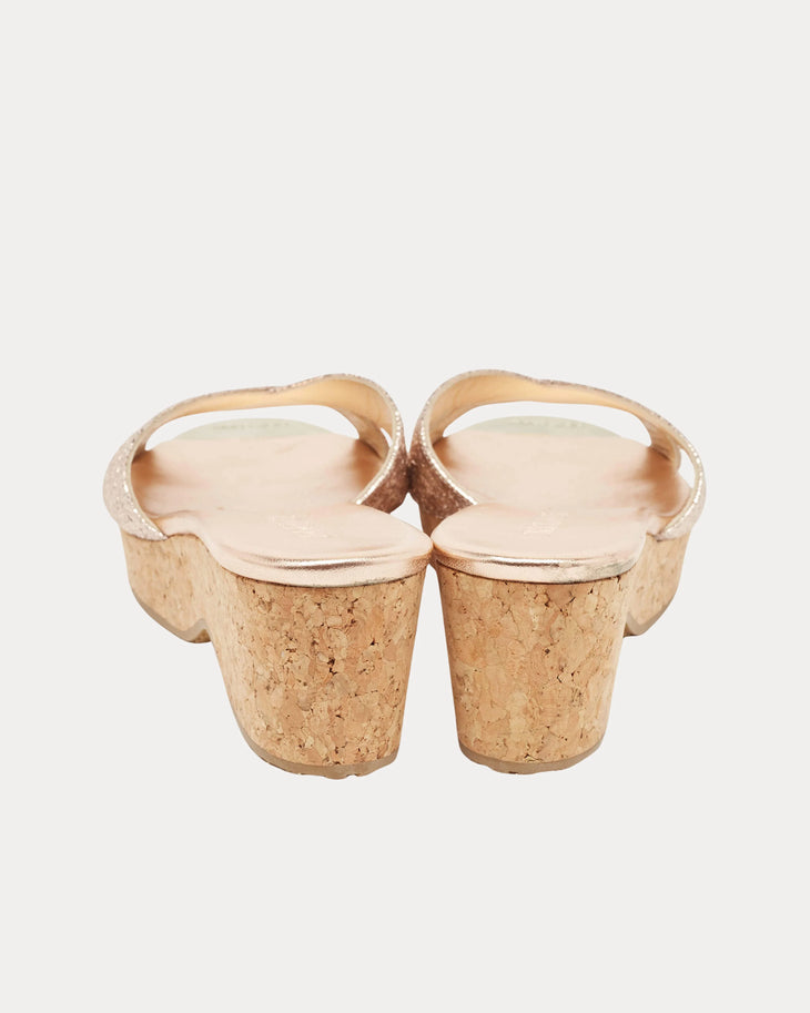 Gold textured leather platform slide sandal with cork wedge heel — Jimmy Choo | Endless UAE