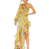 Yellow floral one-shoulder gown with ruffled asymmetrical hem — Bronx & Banco | Endless UAE