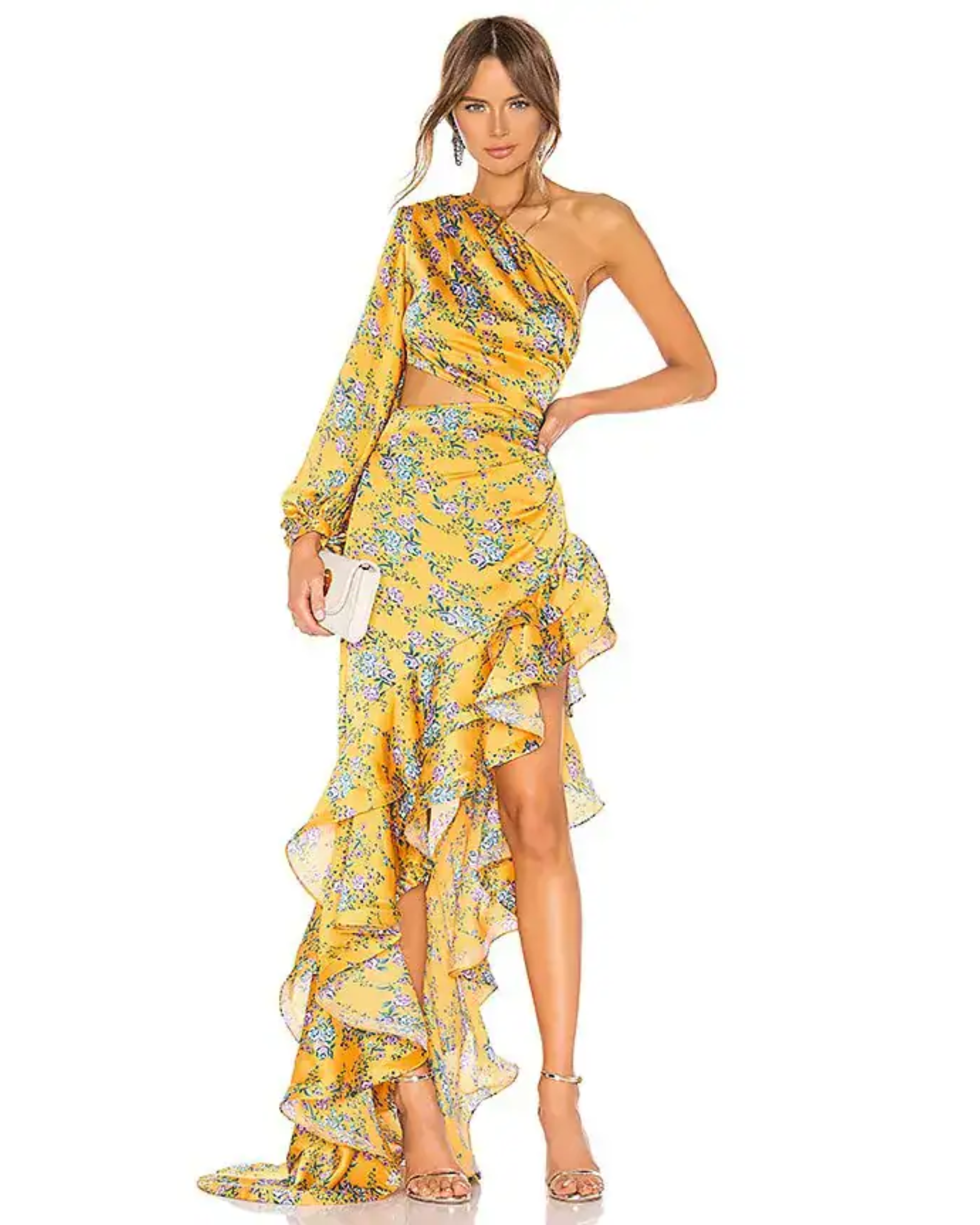 Yellow floral one-shoulder gown with ruffled asymmetrical hem — Bronx & Banco | Endless UAE