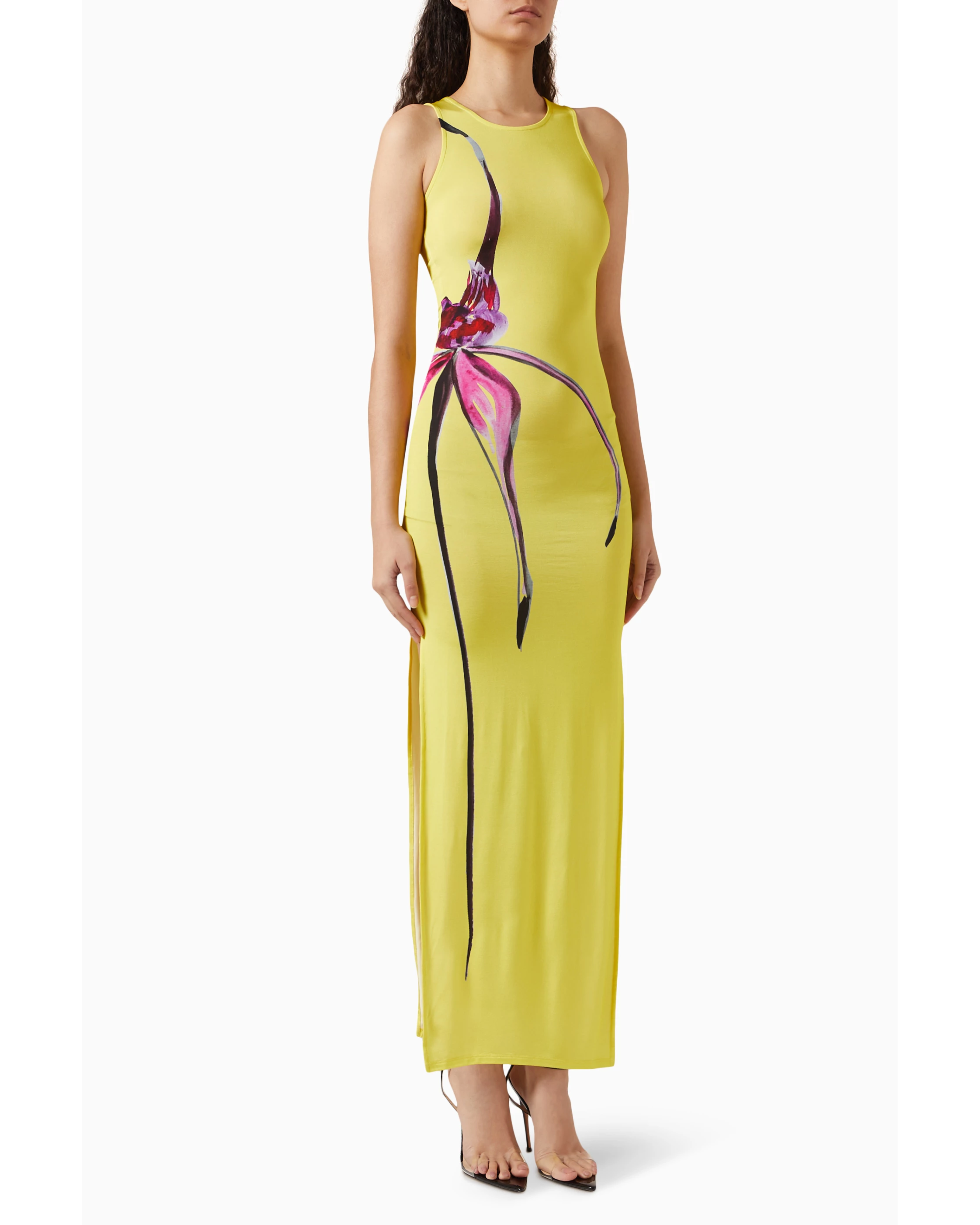 Sleeveless yellow maxi dress with pink floral print detail — Louisa Ballou | Endless UAE
