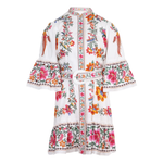Floral embroidered off-white mini dress with bell sleeves and tiered ruffle hem — Farm Rio | Endless UAE