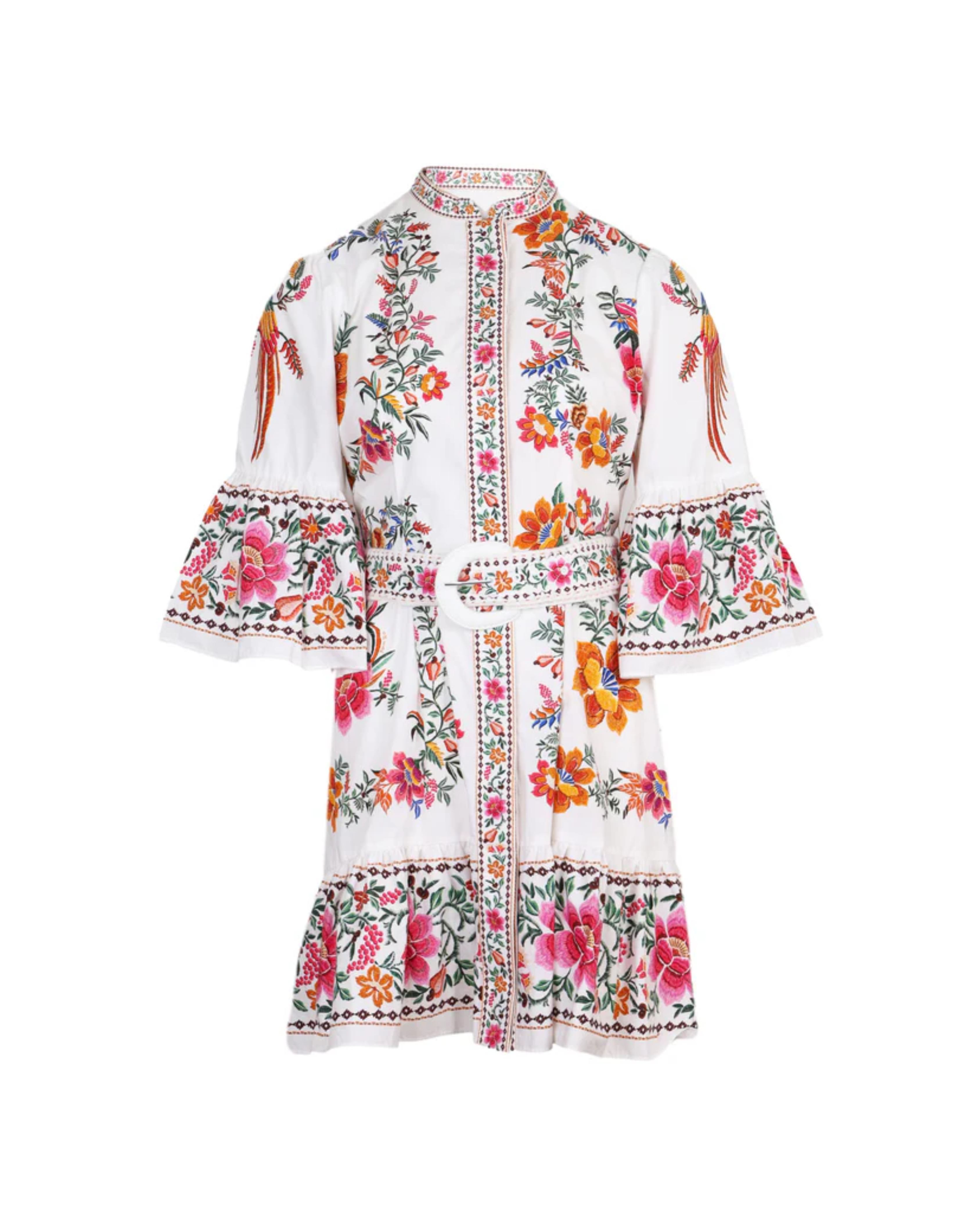 Floral embroidered off-white mini dress with bell sleeves and tiered ruffle hem — Farm Rio | Endless UAE
