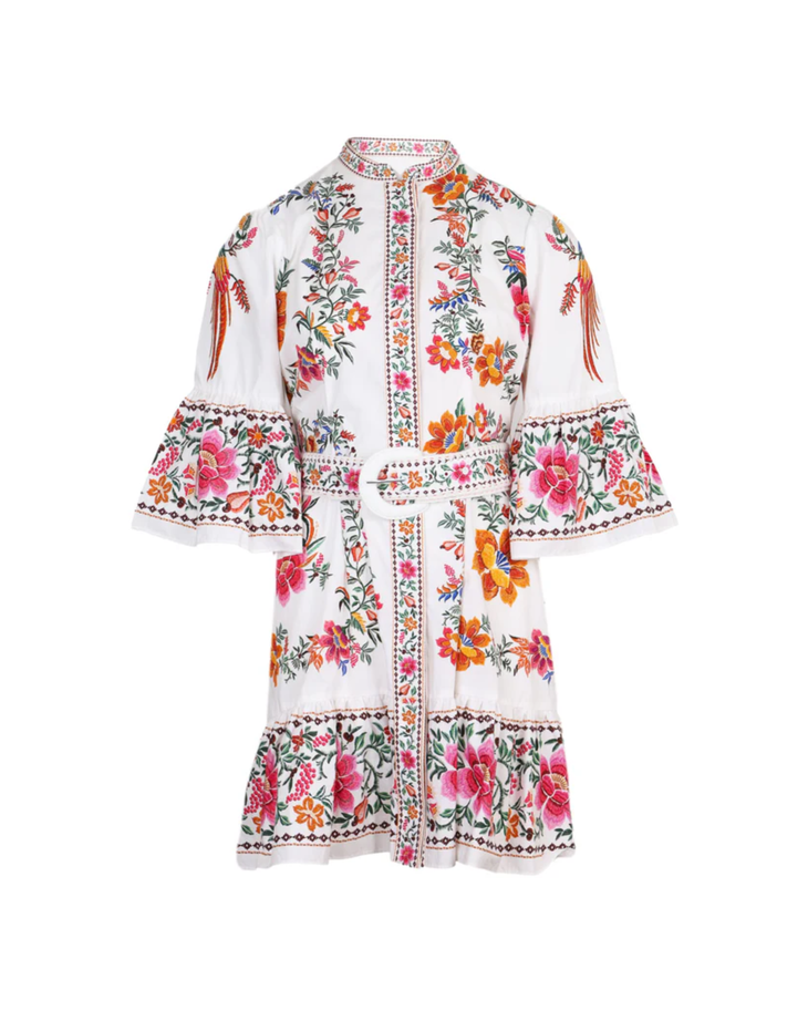 Floral embroidered off-white mini dress with bell sleeves and tiered ruffle hem — Farm Rio | Endless UAE