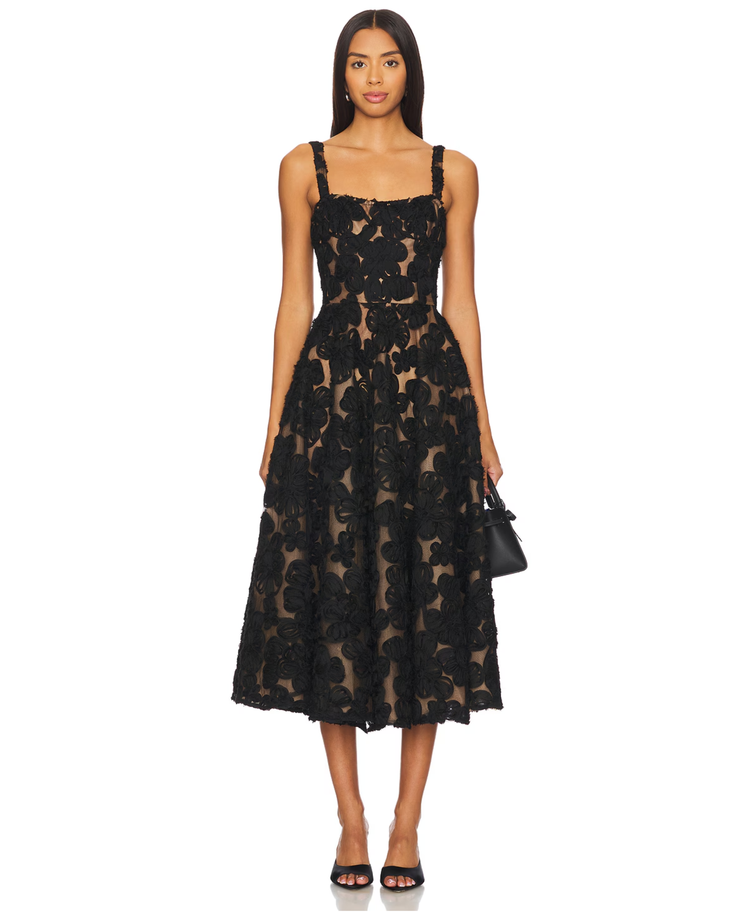 Black lace midi dress with square neckline and fit-and-flare silhouette — Bronx & Bronco | Endless UAE