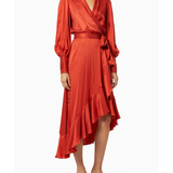 Red silk wrap midi dress with long sleeves and asymmetrical hem — Zimmermann | Endless UAE