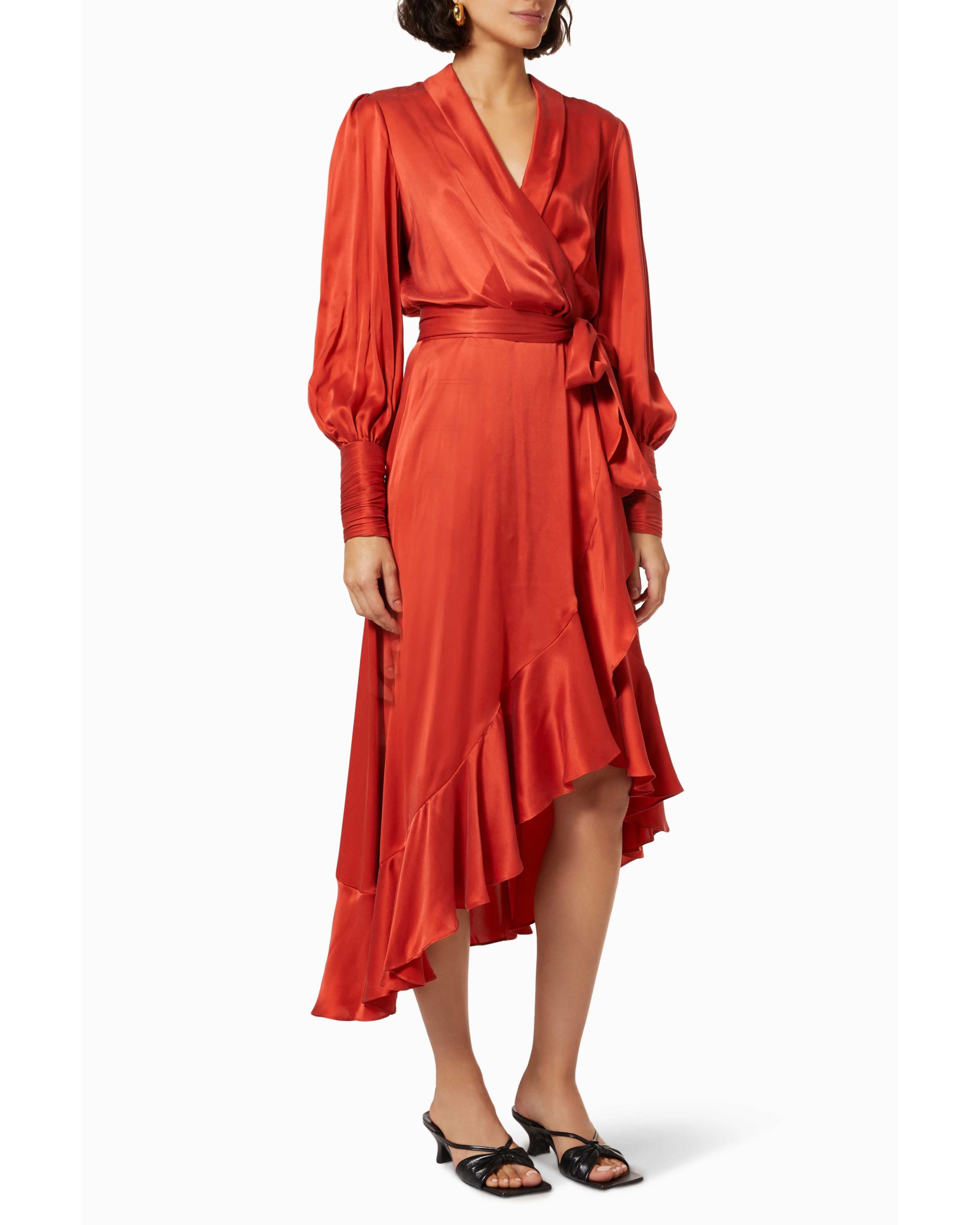 Red silk wrap midi dress with long sleeves and asymmetrical hem — Zimmermann | Endless UAE