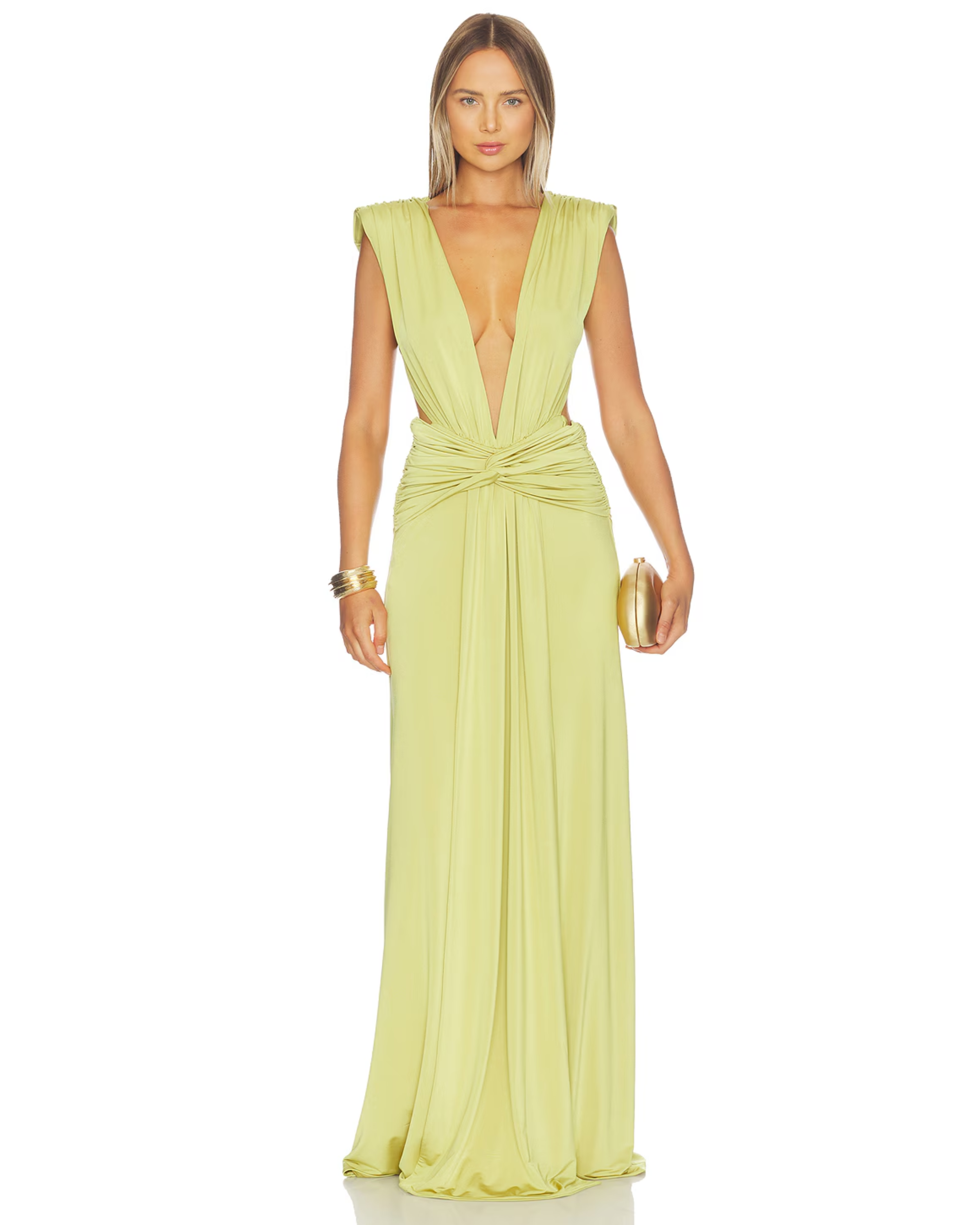Lime Green Plunge V-Neck Sleeveless Maxi Dress with Twisted Waist Detail — AWAVE Studio | Endless UAE