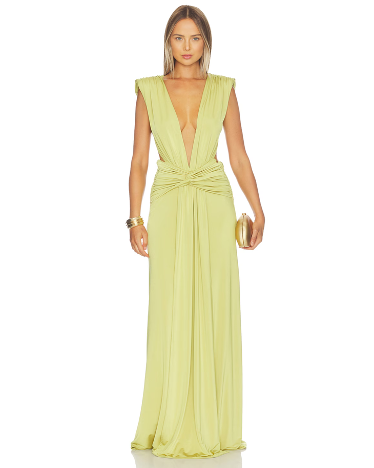 Lime Green Plunge V-Neck Sleeveless Maxi Dress with Twisted Waist Detail — AWAVE Studio | Endless UAE