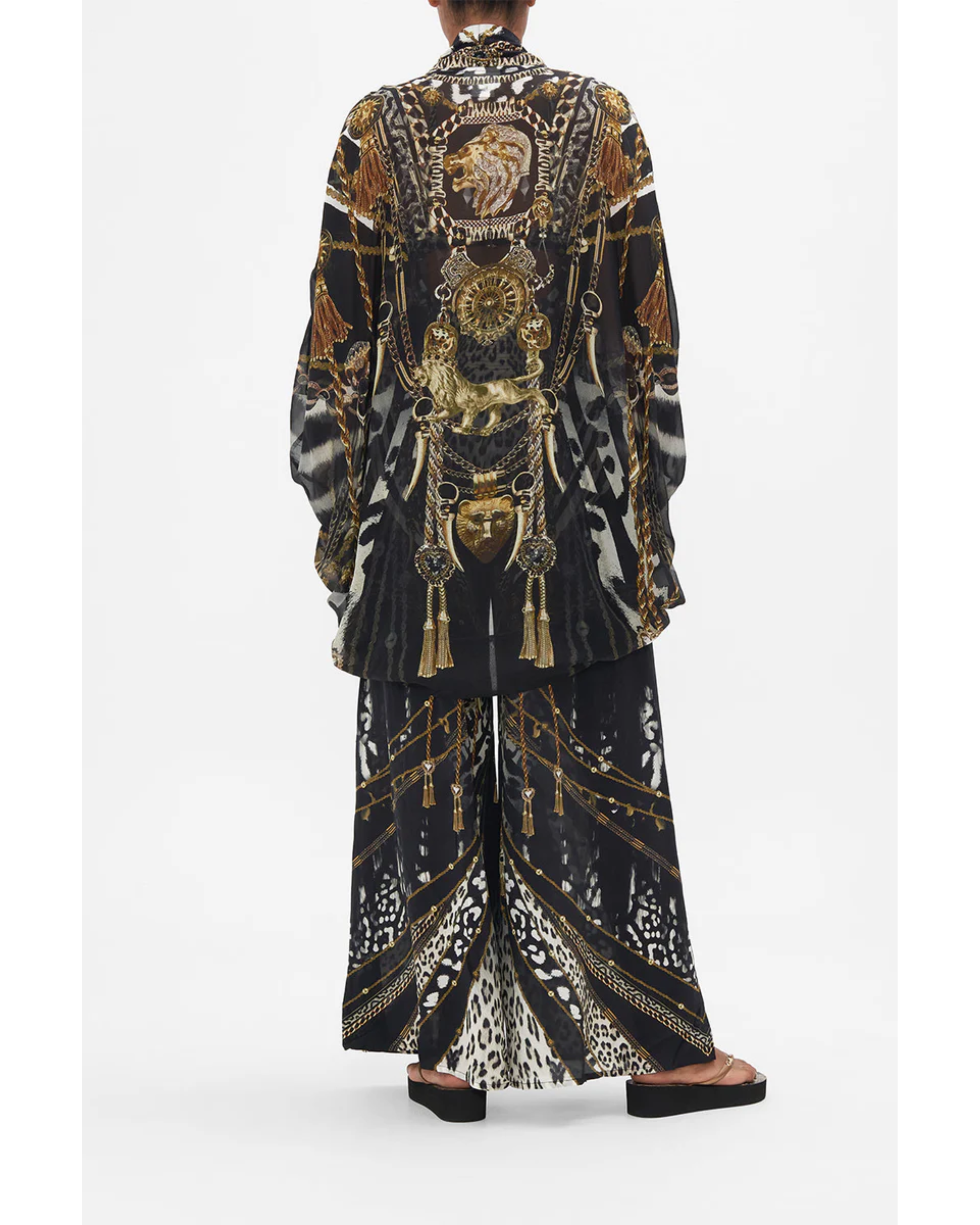 Ornate black and gold patterned co-ord set with chain and animal print details — Camilla | Endless UAE
