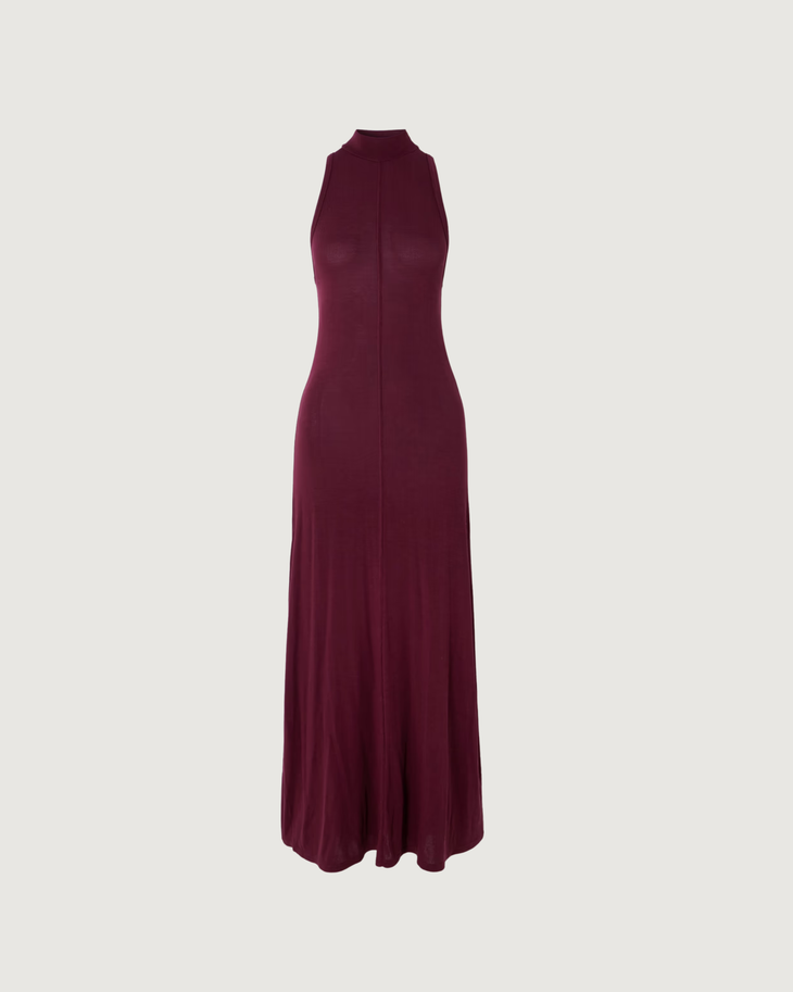 Burgundy sleeveless hooded maxi dress in Tencel Lyocell blend jersey — St Agni | Endless UAE