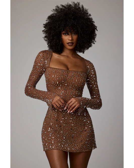 Zeta Sheer Embellished Long Sleeve A-Line Mini Dress in Mocha