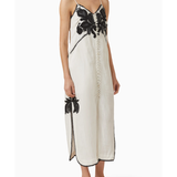 Halayna Embroidered Dress in cream with black floral embroidery and button front — Scarlet Poppies | Endless UAE
