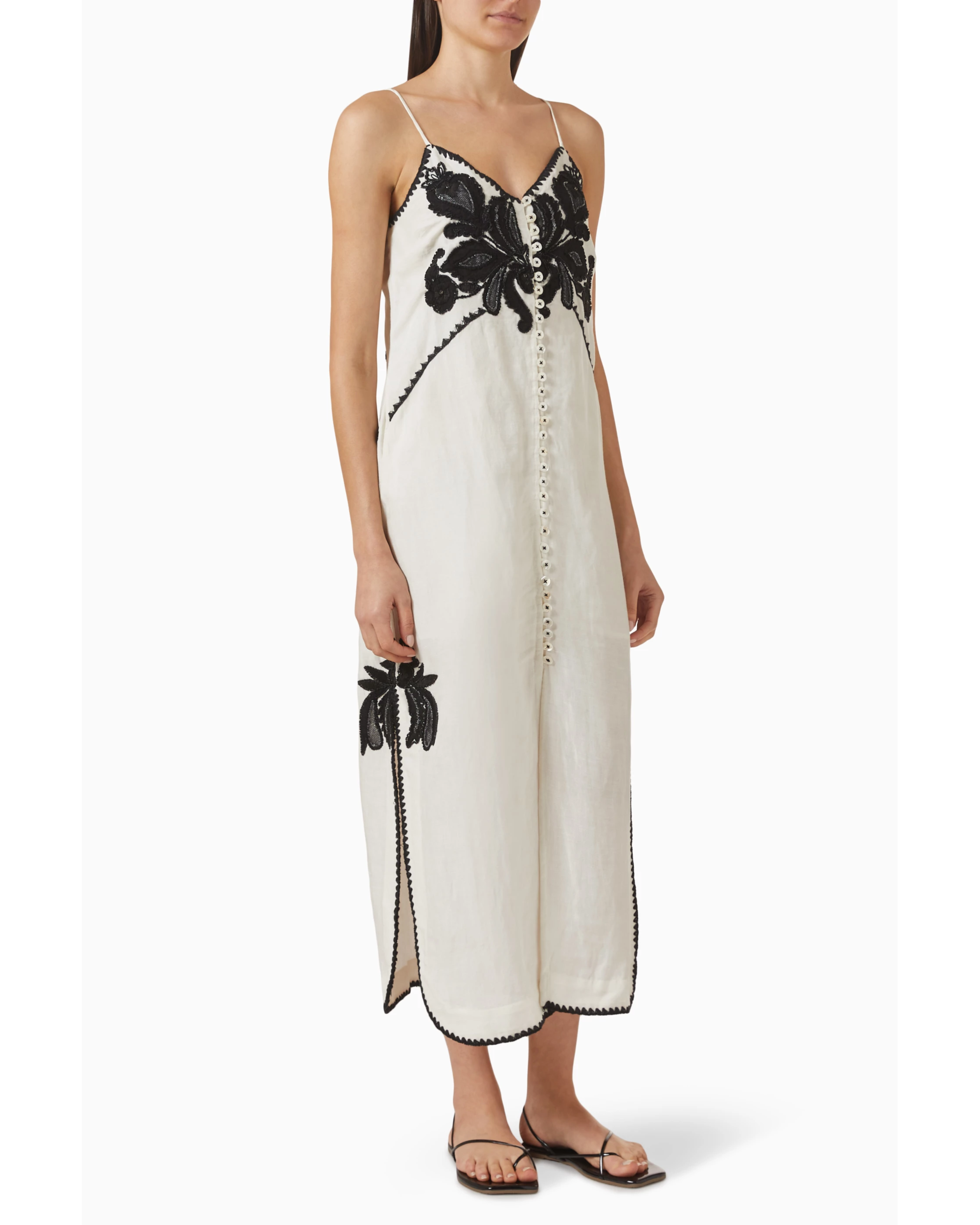 Halayna Embroidered Dress in cream with black floral embroidery and button front — Scarlet Poppies | Endless UAE