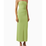 Woman wearing lime green strapless midi dress with ruched waist and white sandals — Bec & Bridge | Endless UAE