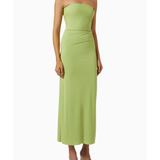 Woman wearing lime green strapless midi dress with ruched waist and white sandals — Bec & Bridge | Endless UAE