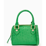 Green crocodile-embossed mini tote bag with gold hardware held by hand — By Far | Endless UAE