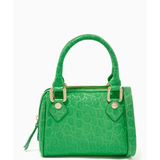Green crocodile-embossed mini tote bag with gold hardware held by hand — By Far | Endless UAE