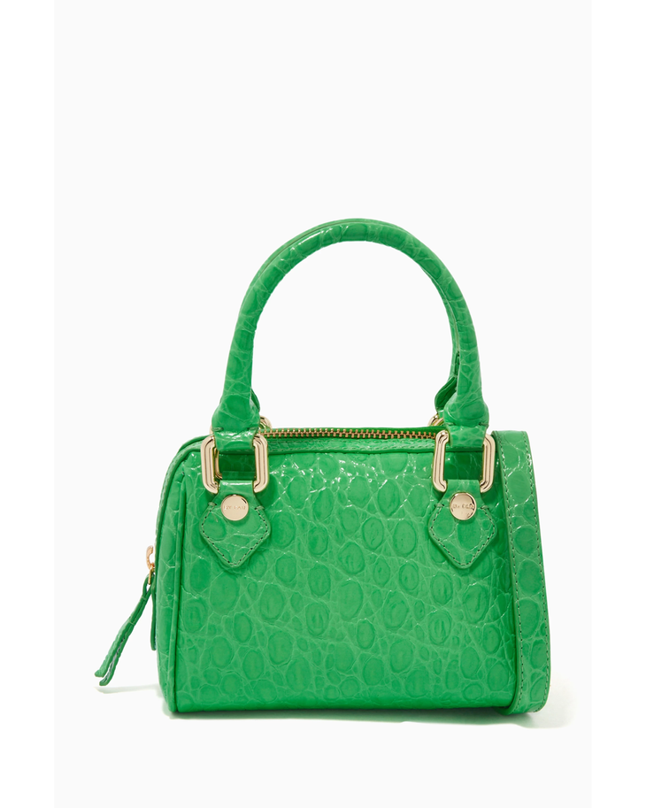 Green crocodile-embossed mini tote bag with gold hardware held by hand — By Far | Endless UAE