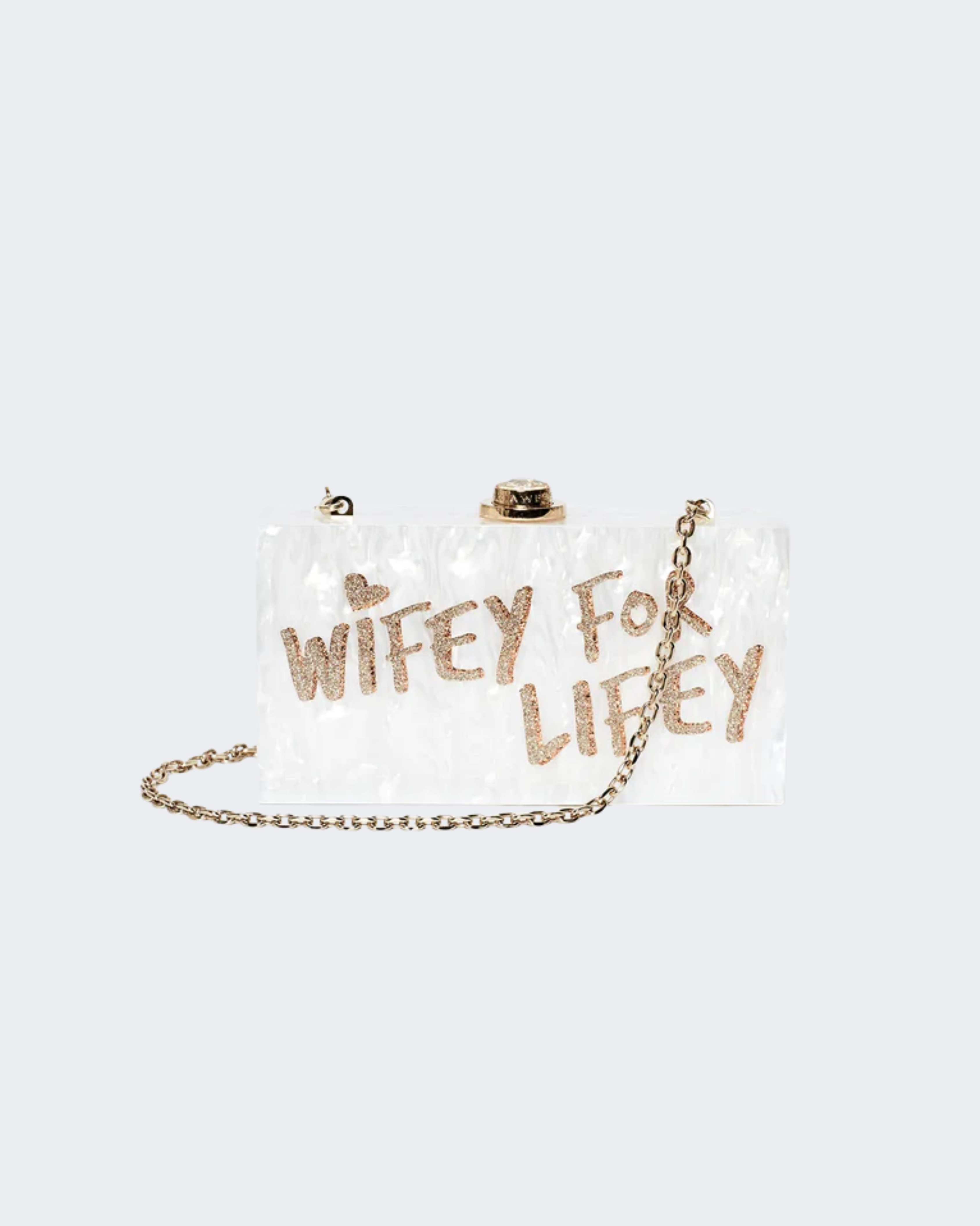 Wifey For Lifey clear clutch bag with gold glitter text and gold-tone hardware — Sophia Webster | Endless UAE