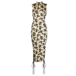 Elena Midi Dress with black leaf print, high neckline, sleeveless cut, and lace-up side details — De La Vali | Endless UAE