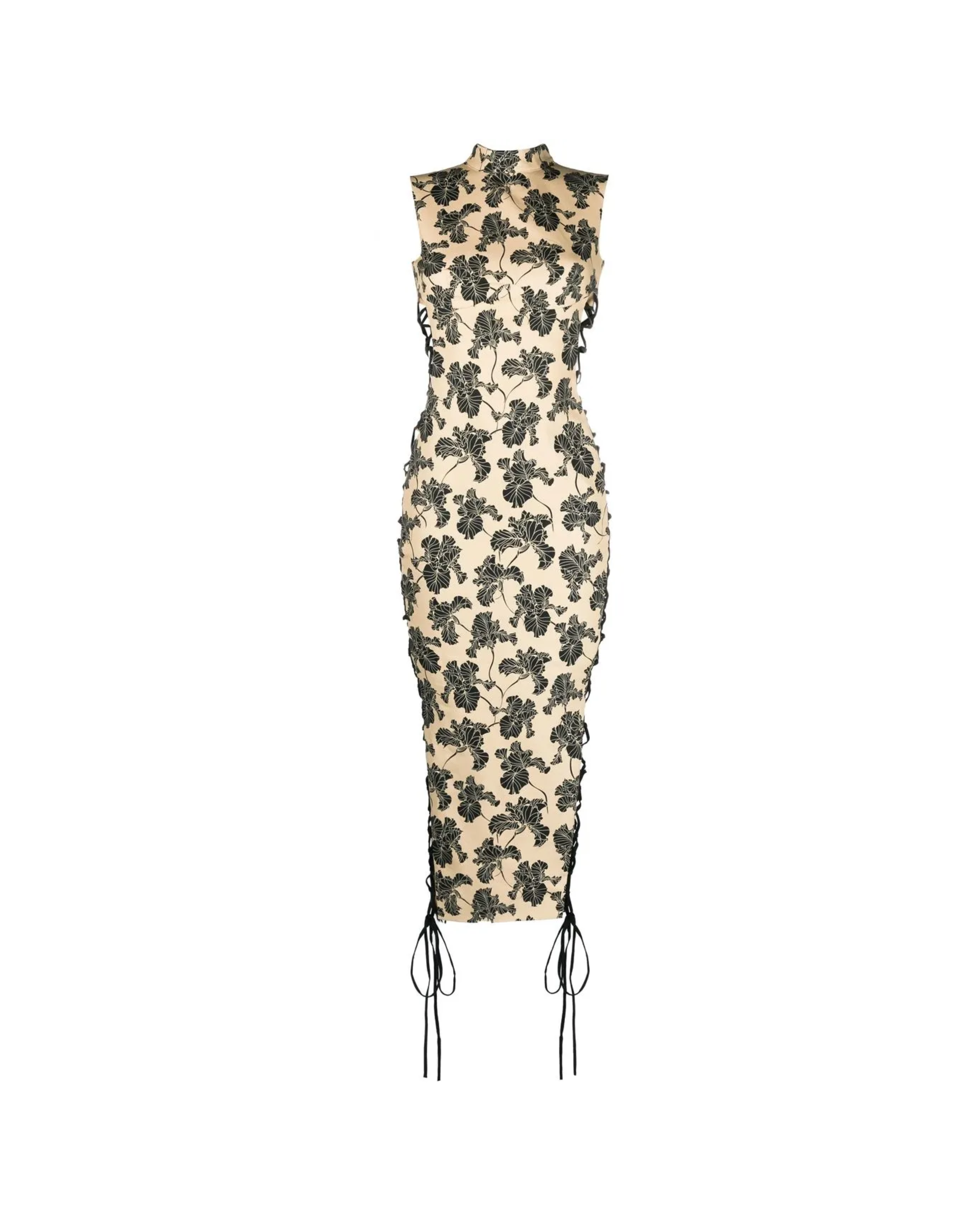 Elena Midi Dress with black leaf print, high neckline, sleeveless cut, and lace-up side details — De La Vali | Endless UAE