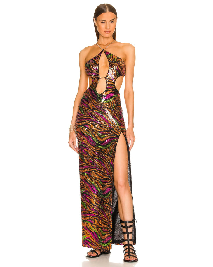 Multicolor sequin halter maxi dress with cutout details and high slit — Dundas | Endless UAE