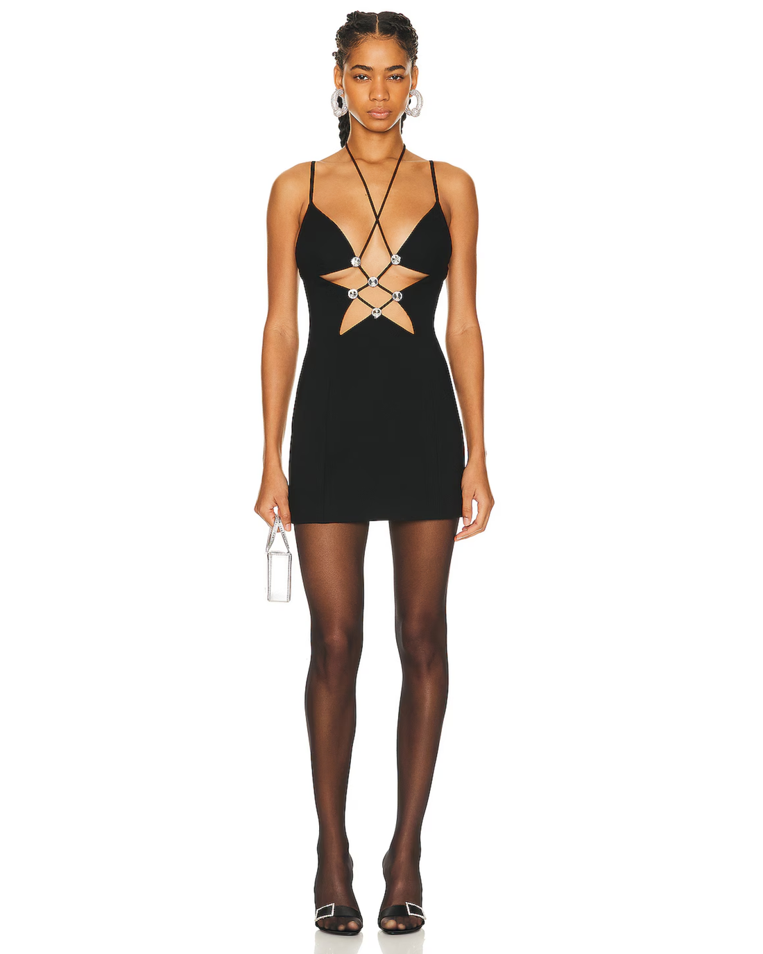 Black mini dress with star-shaped cutout bodice embellished with crystal details and thin straps — Area NYC | Endless UAE