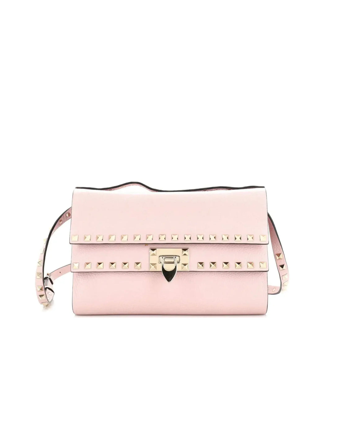 Pink leather crossbody bag with gold pyramid studs and flip lock closure — Valentino Garavani | Endless UAE