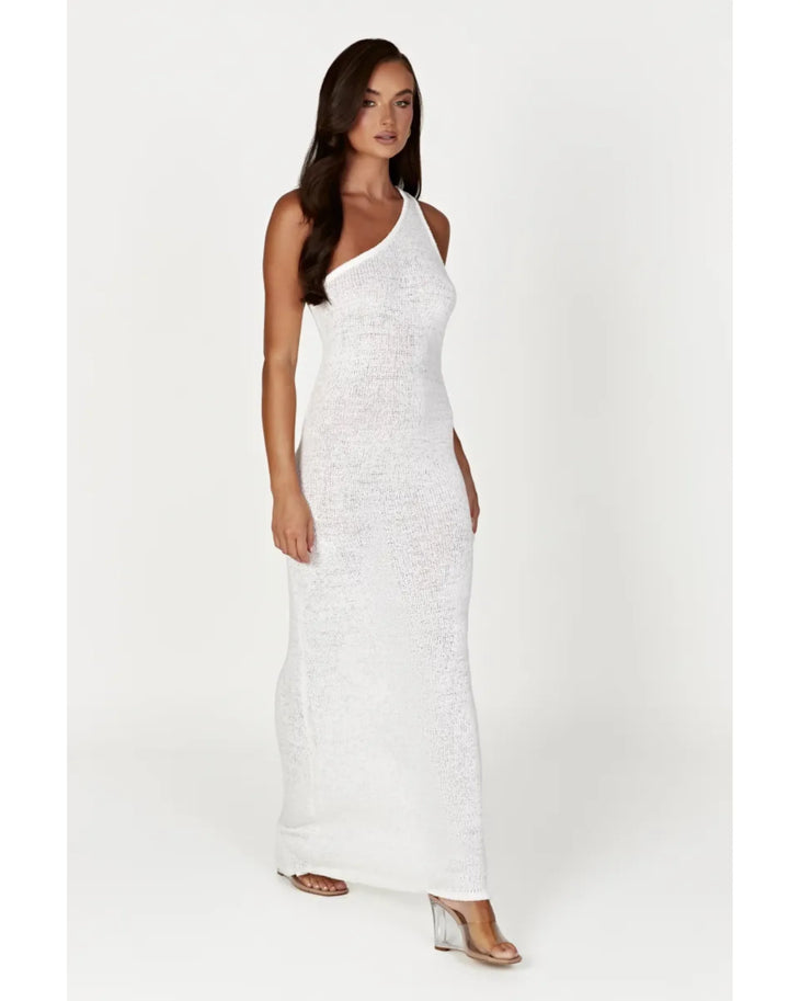Woman wearing white one-shoulder knit maxi dress — Meshki | Endless UAE