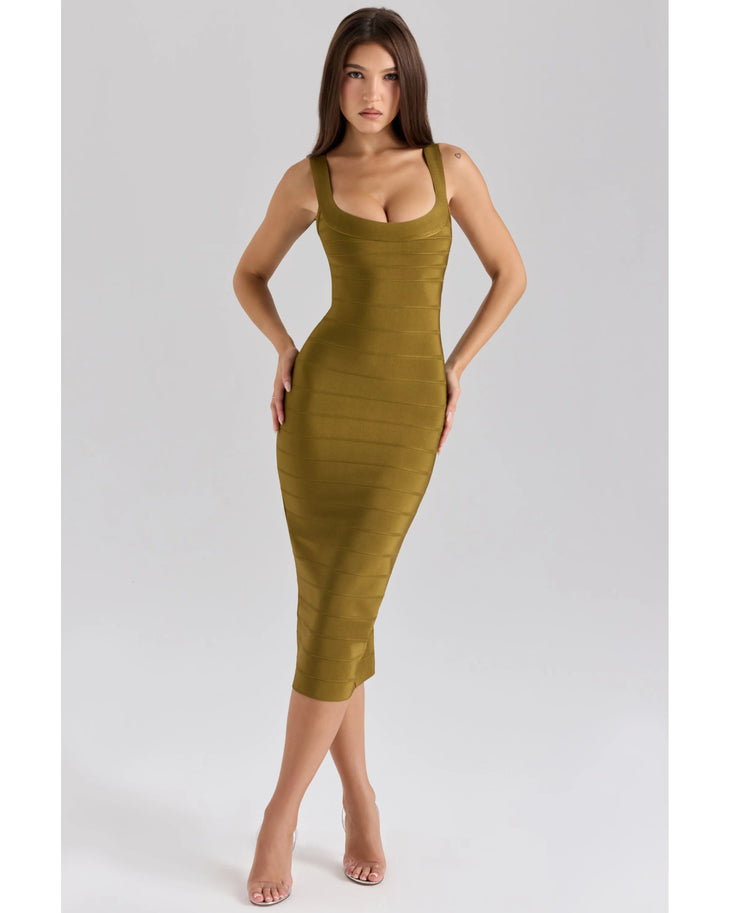 Olive green midi bandage dress with square neckline and sleeveless design — House Of CB | Endless UAE
