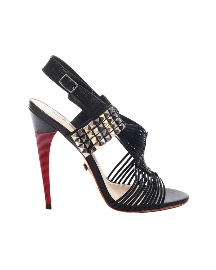 Black strappy heels with studded and pleated details, red heel accent — L.A.M.B. | Endless UAE
