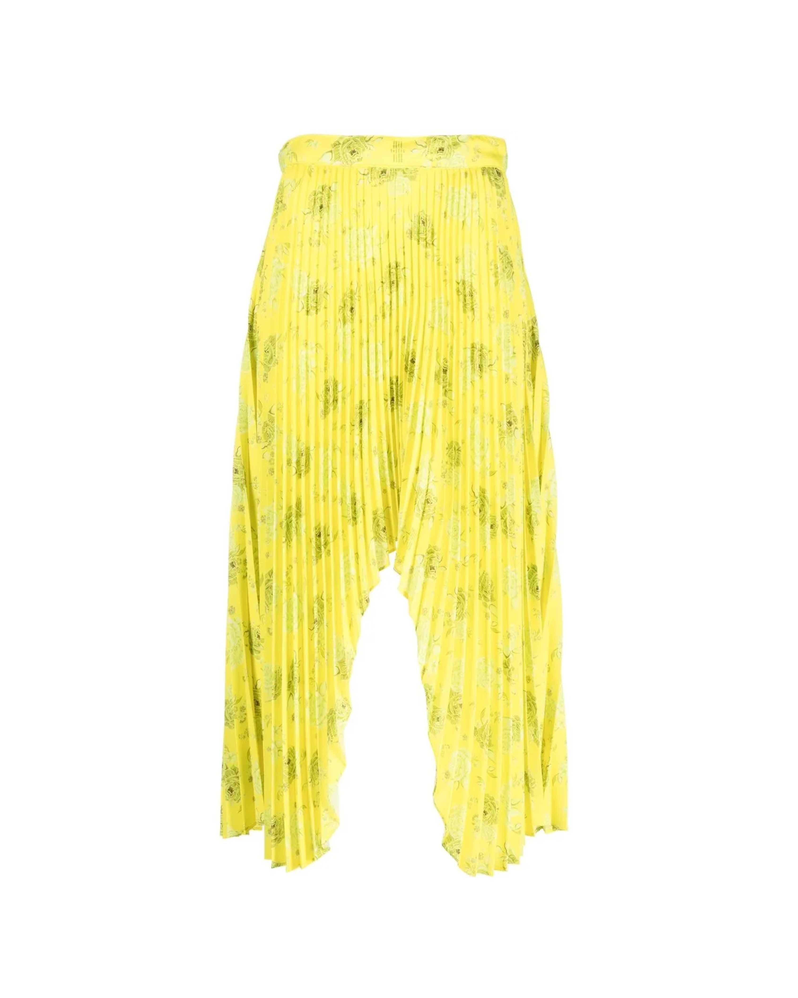 Yellow pleated floral midi skirt with asymmetric hem paired with white tank top and cardigan — Rokh | Endless UAE