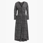 Black and white printed midi dress with long sleeves and wrap-style bodice in flowing cupro-blend crepe fabric — Maje | Endless UAE