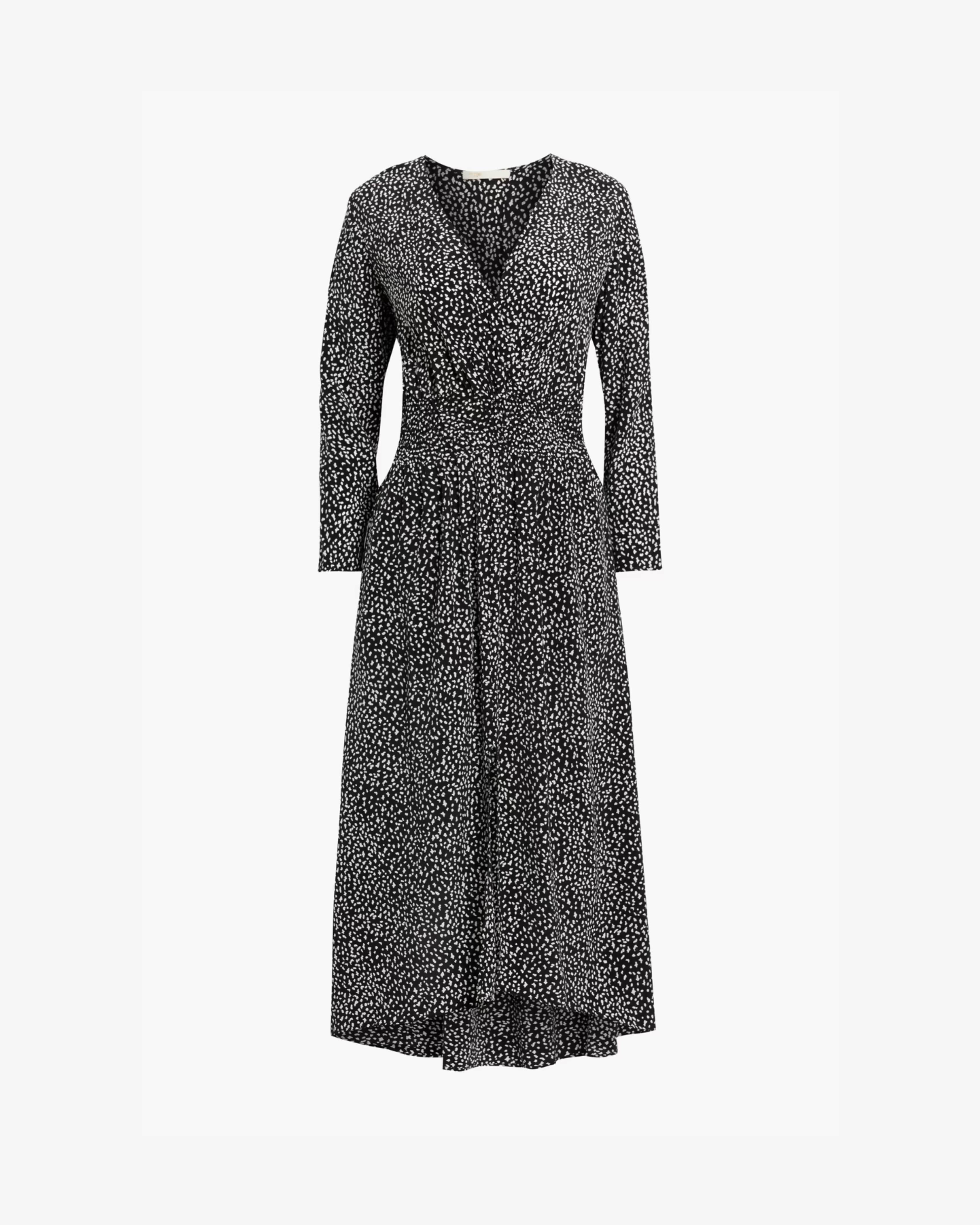 Black and white printed midi dress with long sleeves and wrap-style bodice in flowing cupro-blend crepe fabric — Maje | Endless UAE
