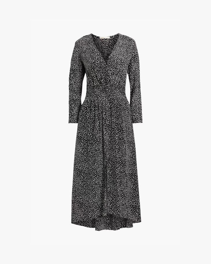 Black and white printed midi dress with long sleeves and wrap-style bodice in flowing cupro-blend crepe fabric — Maje | Endless UAE
