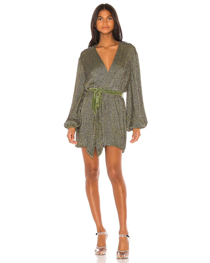 Olive green sequin wrap dress with long balloon sleeves, V-neckline, and tie waist belt in mini length — Retrofete | Endless UAE