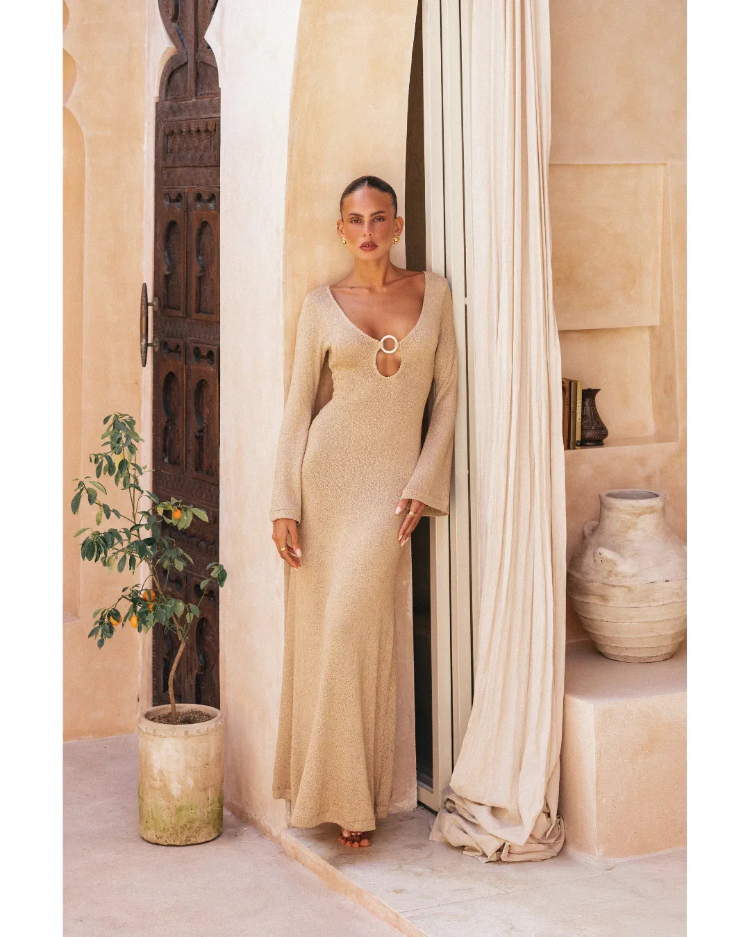 Farah Dress in beige knit with keyhole neckline detail — Miharo | Endless UAE