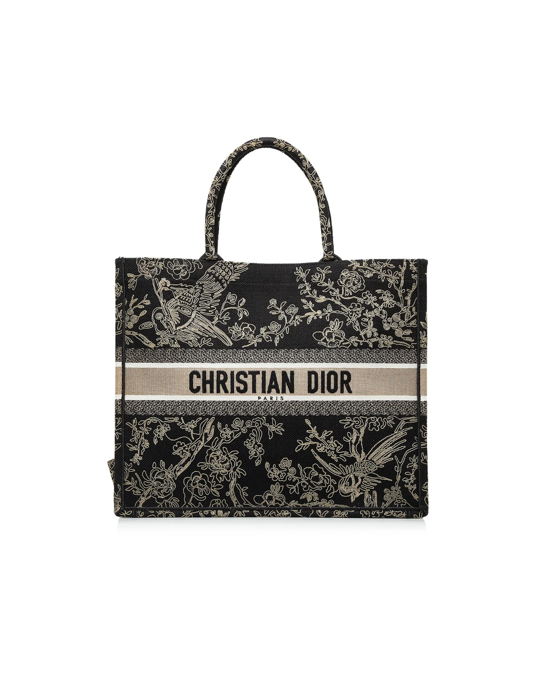 Black embroidered canvas tote bag with Christian Dior logo stripe and floral bird motif — Christian Dior | Endless UAE