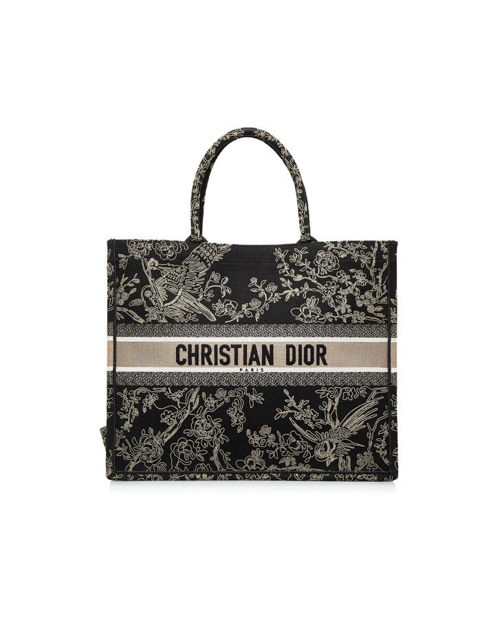 Black embroidered canvas tote bag with Christian Dior logo stripe and floral bird motif — Christian Dior | Endless UAE